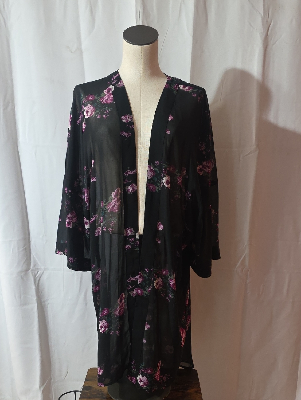 Massini Black Sheer Kimono with Purple Floral Print